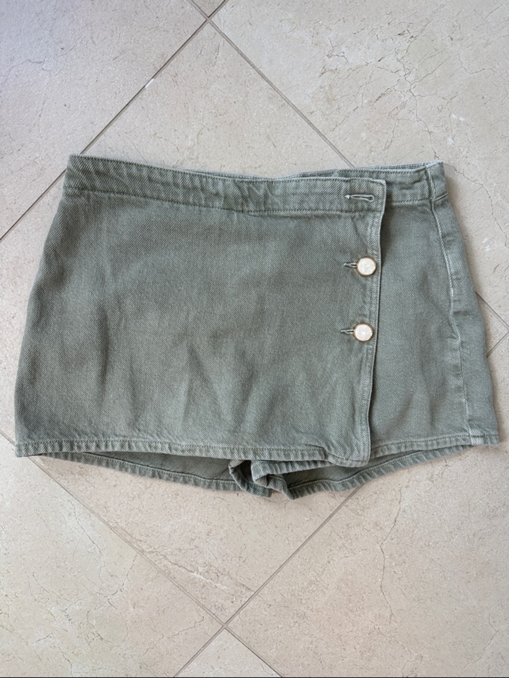 Zara Sage Green Wrap-Style Skort with Pearl Buttons